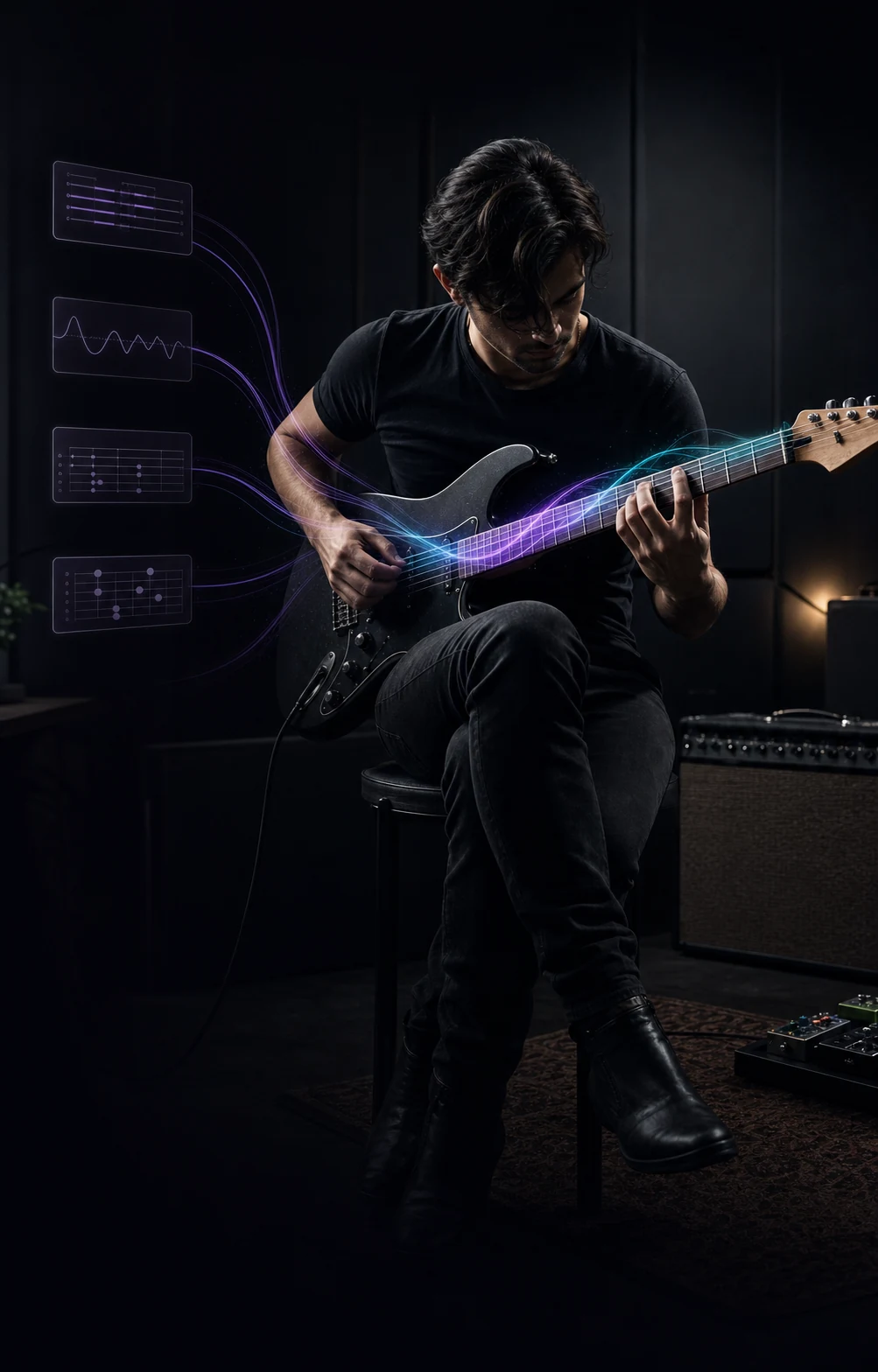 Guitarrista conectando técnica, teoria e aplicação durante a prática