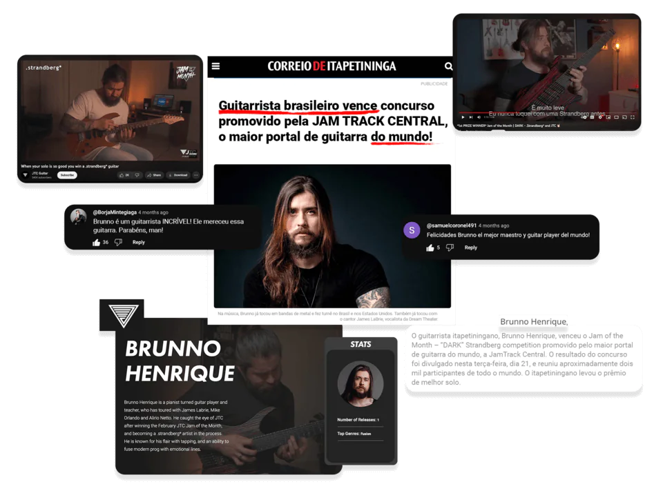 Destaques de Brunno Henrique em concursos, imprensa e canais de guitarra